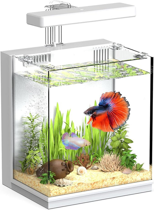 AQUASMITH 2-Gallon All-in-One Fish Tank – Silent Pump, 3-Stage Filtration & Easy Water Change, Perfect Self-Care Betta Aquarium Kit for Kids & Beginners (White
