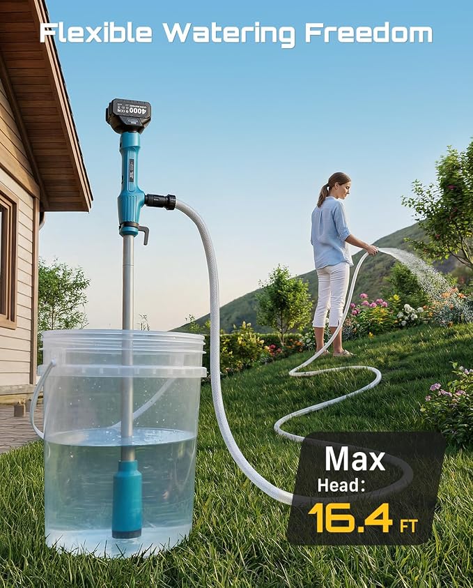 SEESII Cordless Stick Water Pump, 2.2" Slim Head, Water & Diesel Transfer | 720GPH & 16FT Lift, 2×4.0Ah Lithium Batteries, 30-Min Runtime Per Battery, for Pool Garden Pond Boat Basement RV Rain Barrel