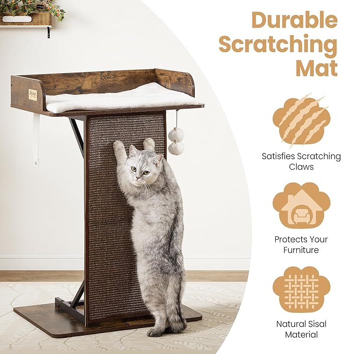 Modern Wood Cat Tree Tower for Indoor Large Cats, 33.8-Inch Tall Wooden Cat Trees with Big Perch Bed, Cat Scratching Pads, Washable Cushions and Scratching Mat, Cat Furniture, Rustic Brown