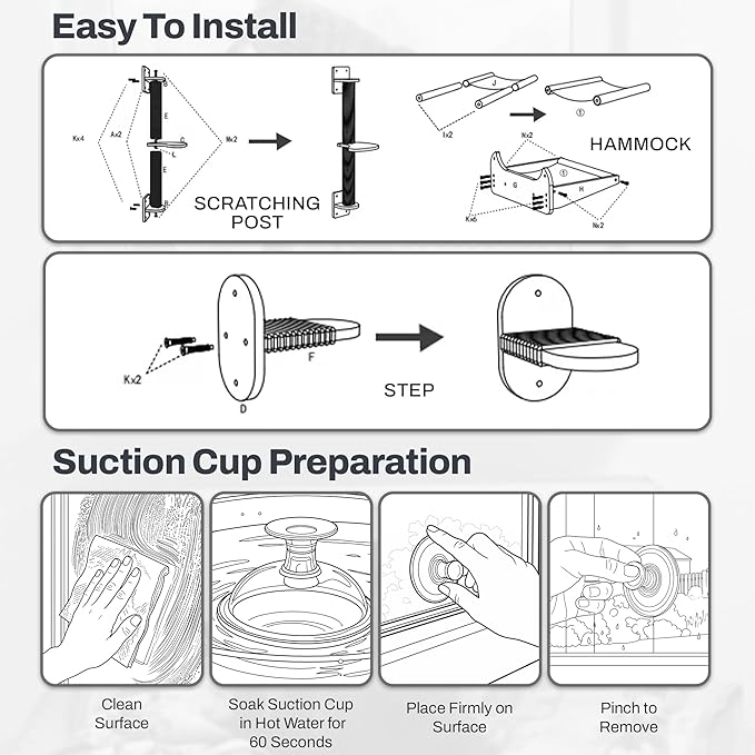 4-in-1 Window & Wall Mount Cat Wall Shelves – Hammock, Scratching Post & Perch | Fits up to 40 lbs | Space-Saving Pet Furniture for Windows, Glass & Drywall | Modern Wood Cat Shelf Set