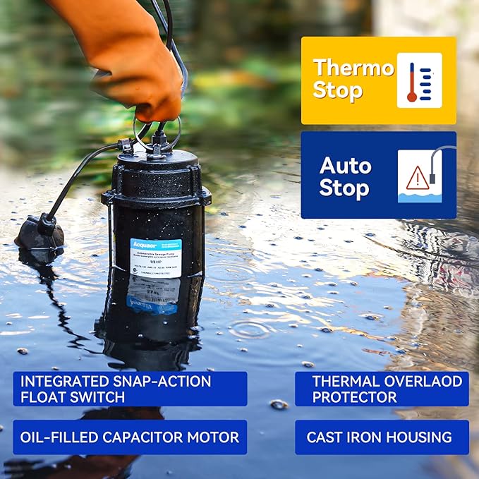 Acquaer Sewage Pump, Cast Iron, Automatic Tethered Float Switch, Sewage Effluent Pump for Sump Basin, Basement, Residential Sewage, 2'' NPT Discharge, Black