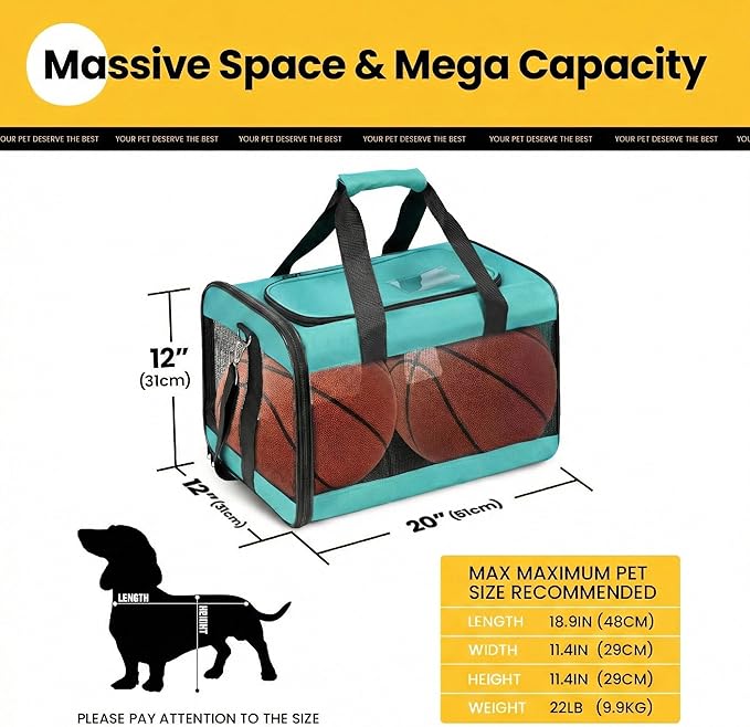 Conlun Dog Carrier Soft Sided, Large Cat Carrier with Inner Safety Leash, Pet Transport Carrier for Large Cats and Medium Dogs up to 20 Lbs, Collapsible Travel Puppy Carrier Bag -Turquoise L