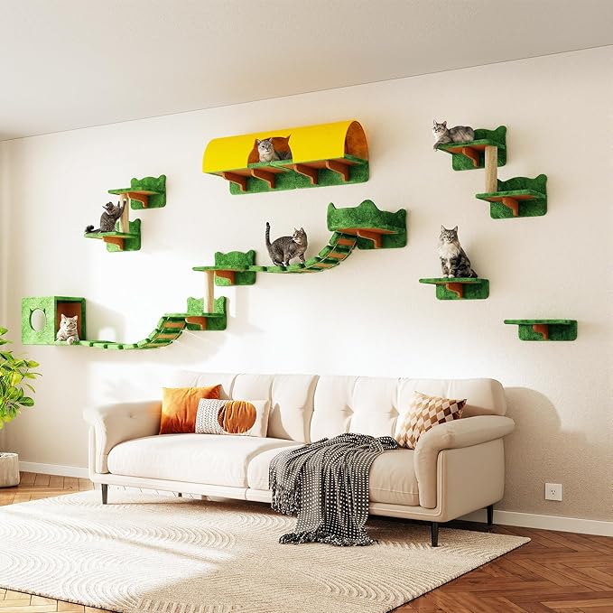 Cat Wall Shelves, Wall Mounted Cat Shelf Furniture with Plush Fabric(16 Piece Set), Cats Furniture with 40''L Tunnel, Condos, House, Steps, Bridge Ladder and Scratching Post, Green
