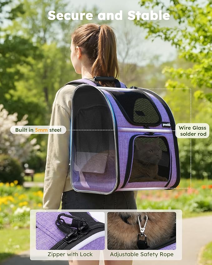 Pecute Cat Backpack Carrier Expandable, Pet Backpack for Cats & Small Dogs Up to 11lbs, with 4-Side Breathable Mesh, Multi-Entry & Lockable Zippers for Travel, Hiking, Camping - Hands Free, Purple