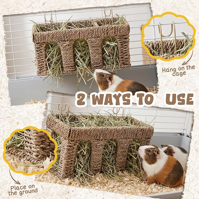 Sliner 2 Pcs Natural Seagrass Five Arch Guinea Pig Hay Feeder, Guinea Pig Rabbit Hay Rack Holder with Metal Hanging Hook for Bunny Chinchillas, Small Animal Cage Accessories, Pet Gifts, Less Wasted