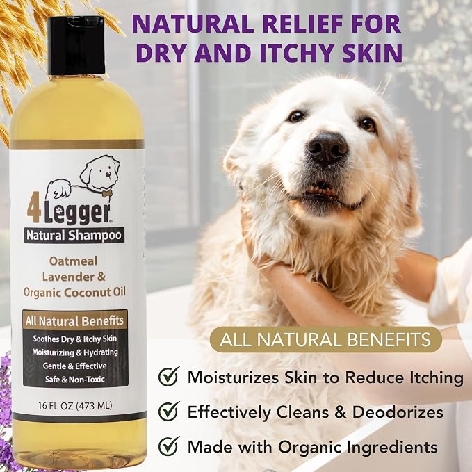 4Legger All Natural Organic Oatmeal Dog Shampoo for Itchy Skin with Aloe, Coconut & Lavender Essential Oil, Hypoallergenic, Moisturizing for Normal, Dry, Itchy, or Sensitive Skin, USA Made, 16 oz