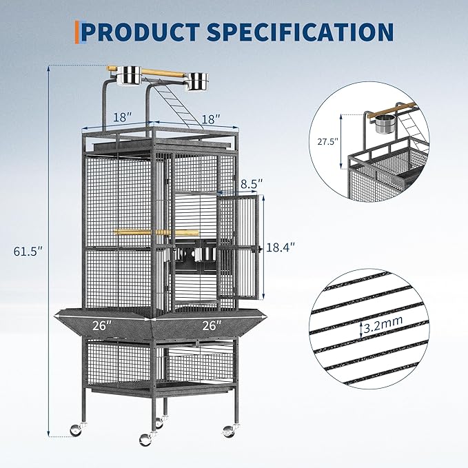 61 Inch Large Parrot Cage with Rolling Caster Wheels -, Smart Feeding & Cleanliness Design, Effortless Maintenance & Assembly, Portable Mobility with Rolling Stand