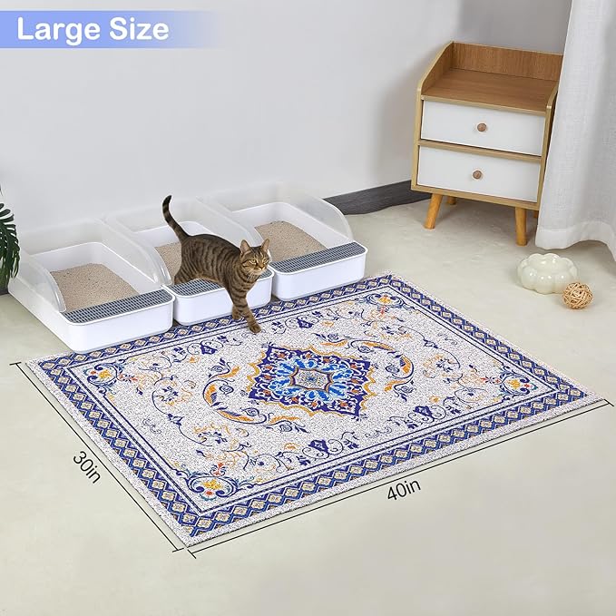Glittme Cat Litter Mat with Non-Slip Bottom Litter Box Mat 40"x30" Litter Trapping Mat Easy to Clean Washable Cat Food Mat for Kitty,XL