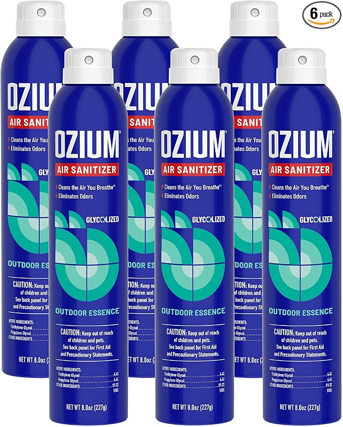 Ozium Air Sanitizer Spray - Room Odor Eliminator for Home, Car, and Office - Outdoor Essence - 8 oz Can - 6 Pack