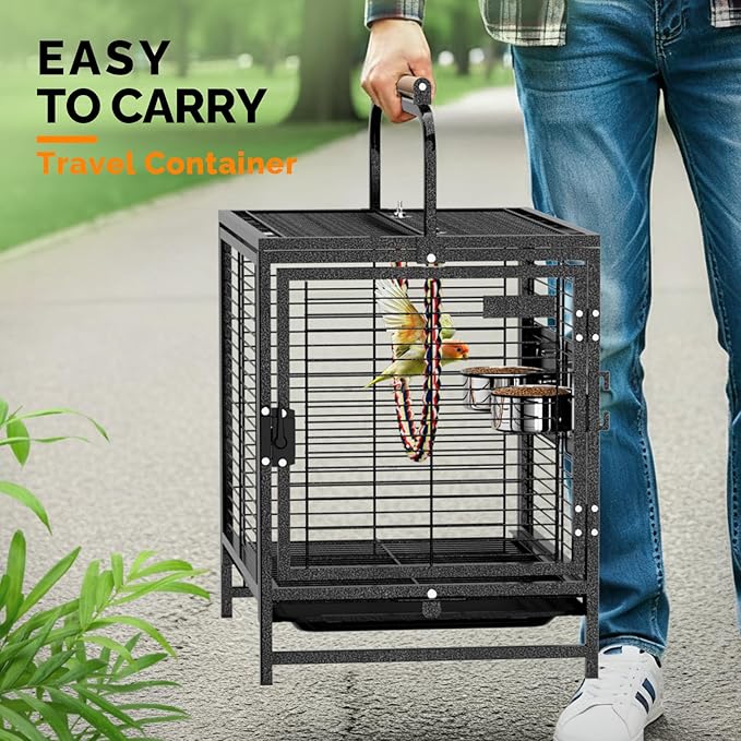 VINGLI Bird Cage, Wrought Iron Bird Cage with Handle for Parakeets, Parrot, Lovebirds, Finches, Small/Medium Birds (25" with Handle)