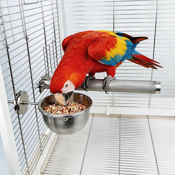 AOTU Anti-Snatch Stainless Steel Parrot Feeding Cups with Locking Buckle - Bird Food & Water Bowls, Bird Cage Accessories for Cockatiel, Conure, Budgie, Macaw, Gray Parrot & Small Pets (L)