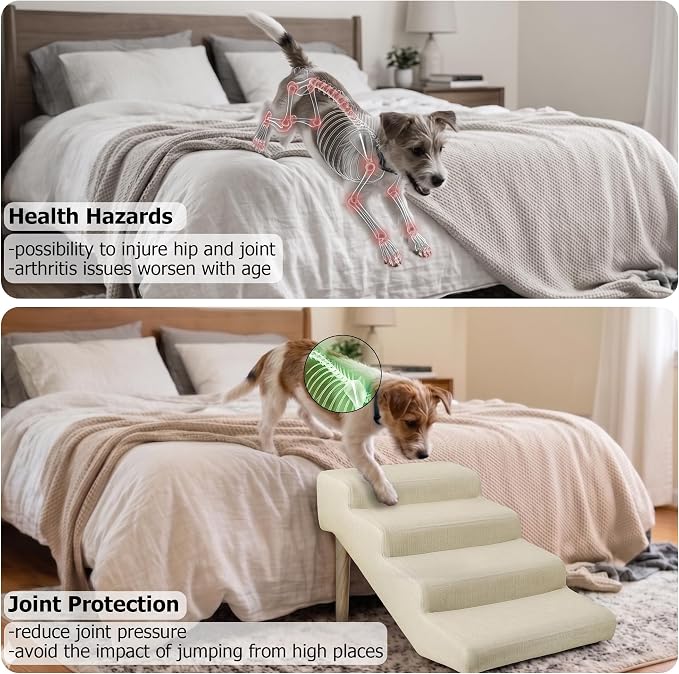 4-Step 18" H Dog Stairs for Bed Couch, Waterproof & Scratch PU Leather Pet Steps for Small Senior Dogs and Cats, Dog Ramp with 220 lbs Maximum, Oak Leg & Solid Wood, Non-Slip Feet, Cream