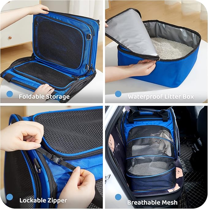 Expandable Cat Carrier with Litter Box, Extra Large Cat Carrier for Car Travel, 17.3"x16.2"x13" Portable Soft-Sided Pet Carrier, Long Road Trip Cage for Large/Medium Cats up to 30 lbs
