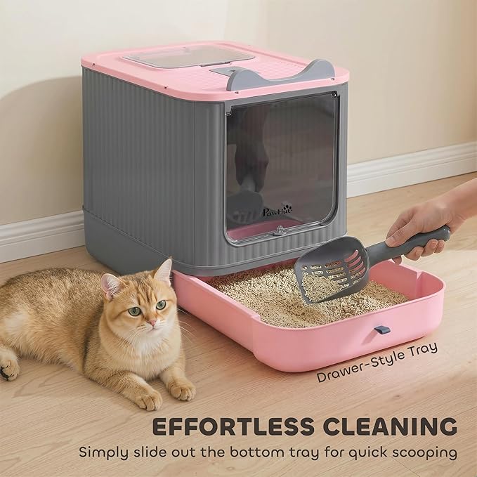 PawHut Cat Litter Box with Lid, Enclosed Litter Box for Medium Cats, Front-Entry and Top-Exit, Scoop, Deodorizer Bag, Easy Clean & Non-Sticky, Anti-Leakage, Pink