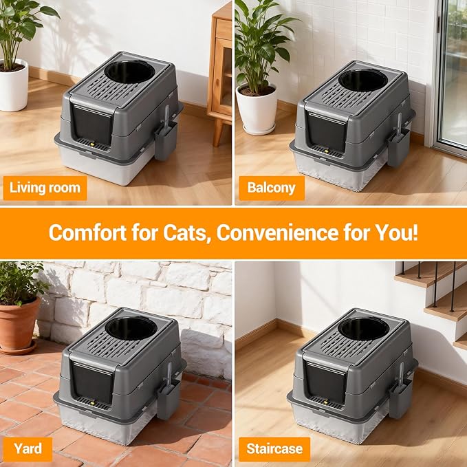 Stainless Steel Cat Litter Box with Lid - Enclosed Covered Metal Kitty Litter Box Enclosure with 180° Flip-Top, Leak-Proof High Sided Cat Box & Scooper, Easy to Clean, Odor Control, for All Cat Sizes