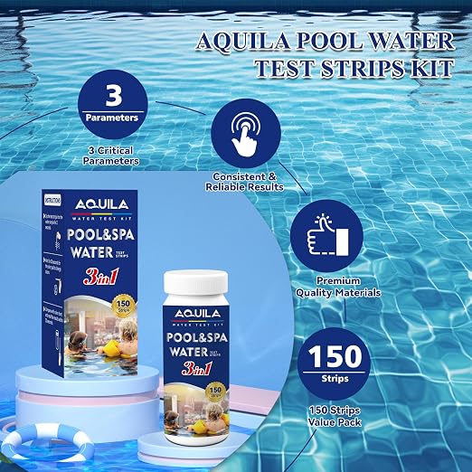 A QUILA Pool Water Test Strips Kit, 3 Way 150CT Spa Test Strips for Hot Tub | Swimming pool chemical test kit for above-ground underground pool water testing pH, Alkalinity, Chlorine
