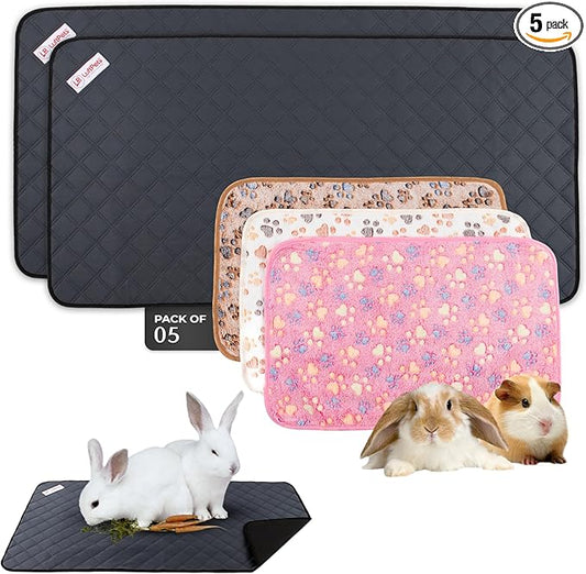 Bunny Cage Mats, 5 Pcs, Fit Midwest, Absorbs Moisture & Odors, Soft Guinea Pig Blankets, Comfortable Fleece Cage Liners, Washable Rabbit Bedding