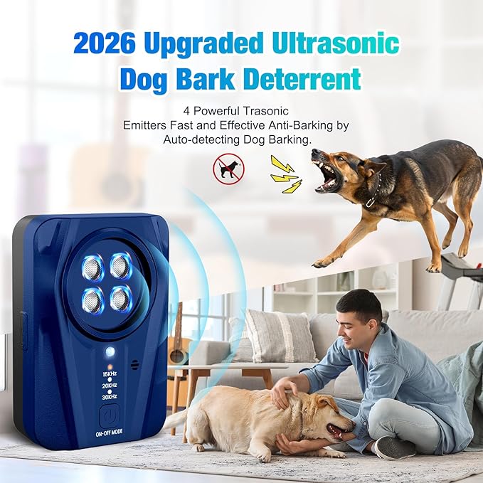 Queenmew Dog Bark Deterrent Devices, Automatic Anti Barking Device with 4 Ultrasonic Transmitters Long Range 50FT, 3 Mode Rechargble Barking Control Devices, Effective Stop Bark Box Outdoor & Indoor