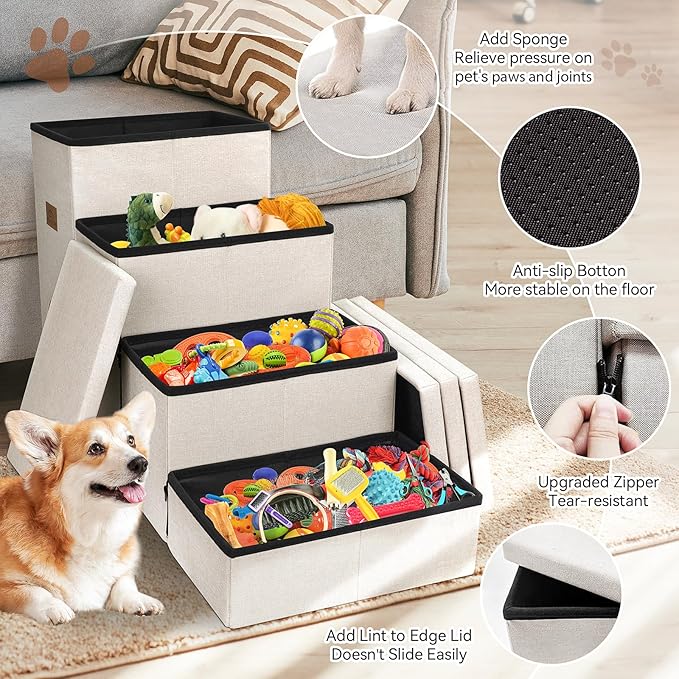 Zerbuger Dog Stairs with Condo 23" H, 4-Step Wider Folding Storage Pet Stairs Gift for Small/Medium/Large Old Dogs Cats, Dog Steps for High Beds Window, Ramp for Climbing Car Up to 200 lbs, Beige