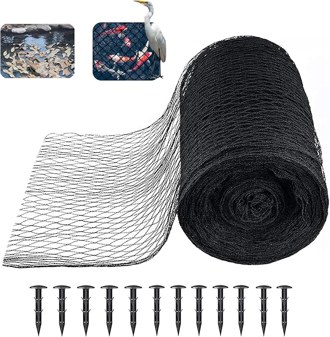 Koi Pond Netting Kit 20 x 30 FT, 3/8" Heavy Duty Woven Mesh Pond Net Cover for Leaves with 12 Stakes, HDPE Pool Netting Protecting Fish from Herons Birds Cats, Black