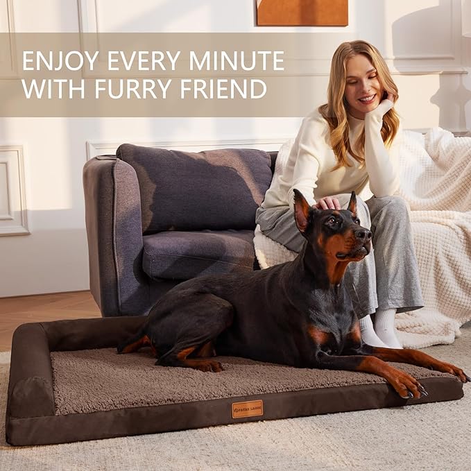 Patas Lague Orthopedic Dog Bed Large Sized Dog 36''X24'', Waterproof L Bolster Medium Pet Sofa Beds with Removable Washable Cover, Soft Comfortable Pet Couch Crate Mat with Nonskid Bottom, Brown