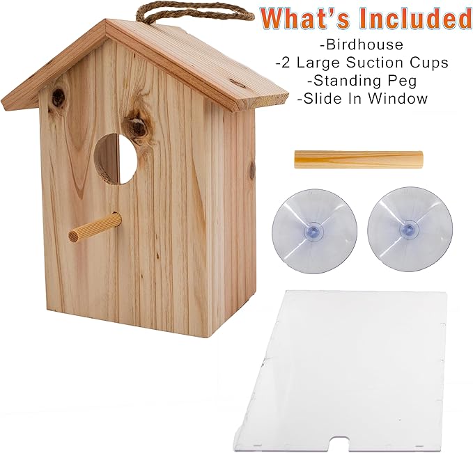 See Through Window Birdh Ouse - Wooden, Large Suction Cups, Hanging Lanyard Rope Bird House - Spy Window Bird Nest Box - Outdoor Bird Watching, Backyard Bird Shelter