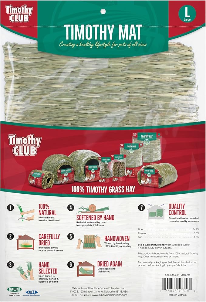 Oxbow Timothy Hay Mat – Edible Habitat Accessory for Rabbits, Guinea Pigs, Chinchillas & Rats – Hand-Woven Natural Mat and Chew, Cage Enrichment for Dental Health, Comfort & Instinctual Play, Large