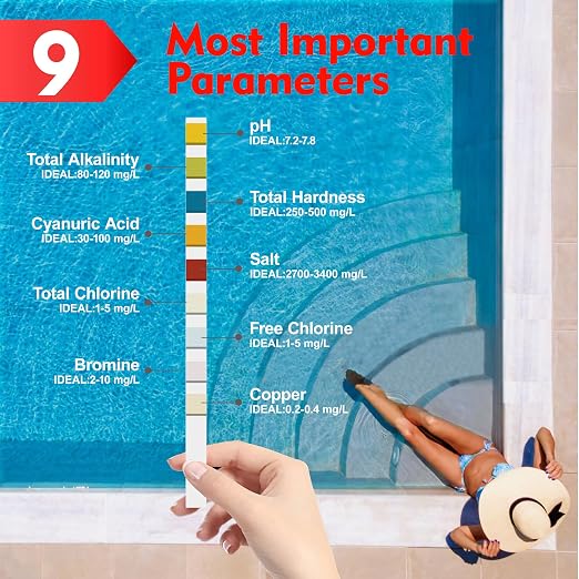 Pool Salt Test Strips, Hot Tub Spa Test Strips 9 in 1, 100 Strips | Pool Testing Kit for pH,Total Alkalinity,Salt, Copper,Total Hardness,Cyanuric Acid,Total Chlorine,Free Chlorine,Bromine