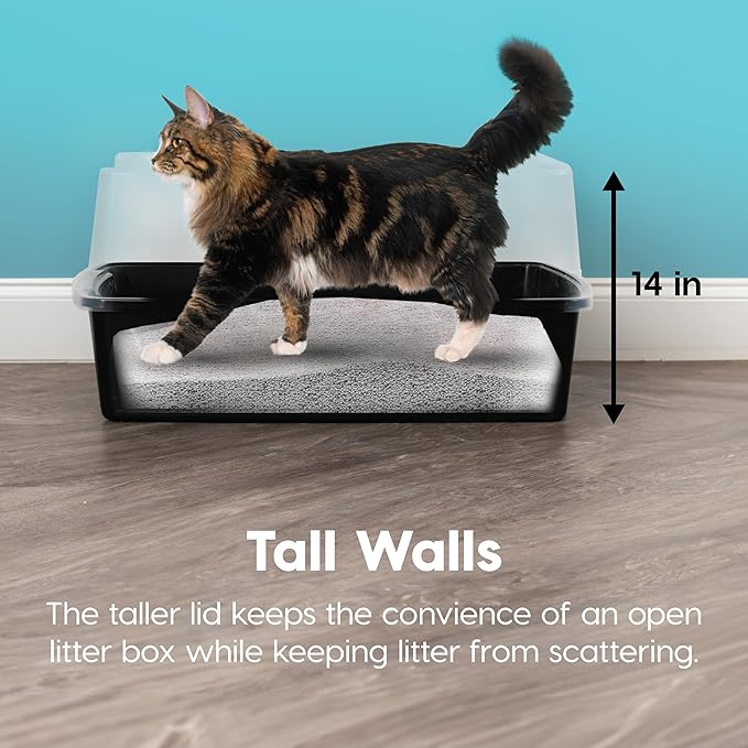 IRIS USA Cat Litter Box XX-Large Open Top with High Sided Walls Tall Scatter Shield Scoop Included Easy Clean Plastic Pan for Big Cats Kittens Multi-Cat Households 30"L x 20"W x 14"H Black