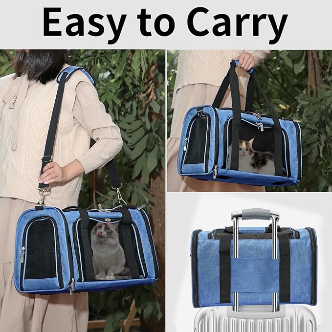 Soft-Sided Cat/Dog/Pet Carrier, Collapsible Pets Travel Carriers for Big Cats/Small Dogs with Shoulder Strap & Removable Mat, Mesh Puppy Carry Bag, Up to 25 Lbs (Blue)