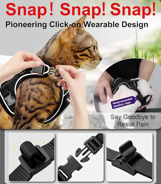 Cat Harness and Leash for Walking Escape Proof Soft Adjustable Cat Leash Breathable Comfortable Vest Easy to Wear Kitten Harness for Outdoor Travel (Black, S (7-12lb))