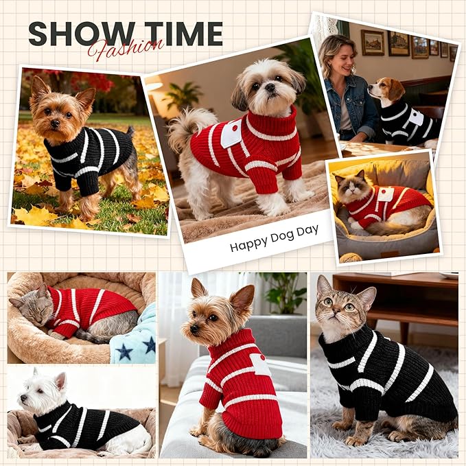 Small Dog Sweater with Cute Pocket Decoration, Striped Soft Stretchable Fleece Warm Puppy Clothes for Small Dogs Cats, French Bulldog, Chihuahua for Winter