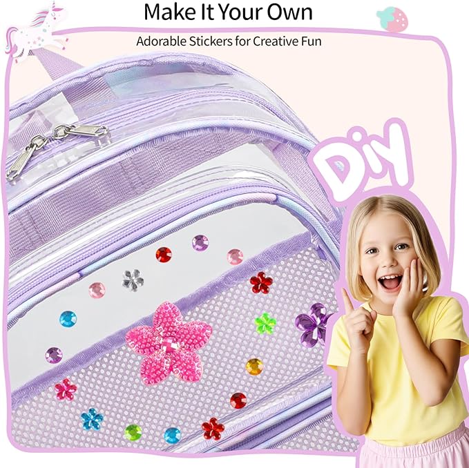 Clear Backpack for Girls, 15 Inch Heavy Duty Transparent Bookbag for Kindergarten to 2nd Grade, PVC See Through Daypack with Reflective Straps, Fits Standard Folders, Purple Tie-dye