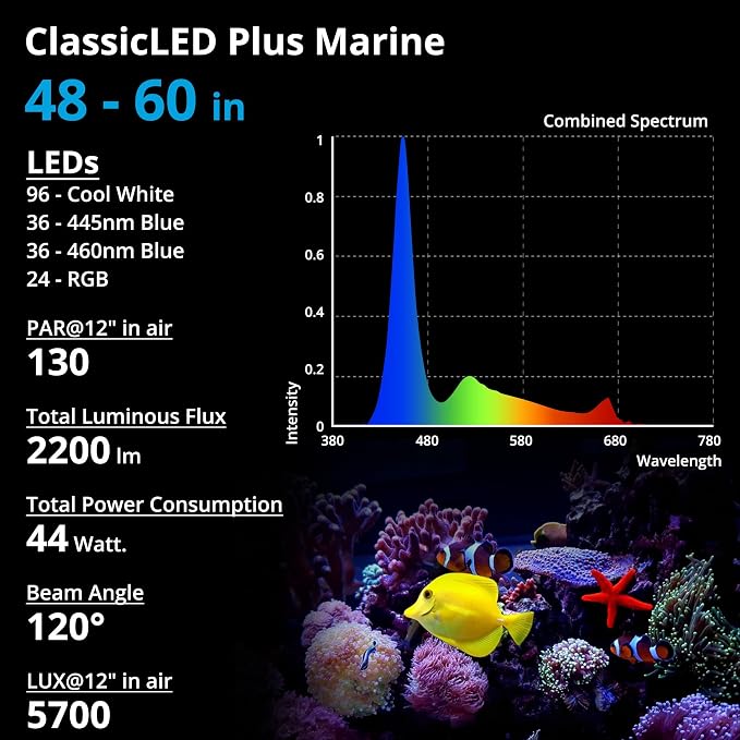NICREW 48W Saltwater Aquarium Light, Marine LED Reef Light for Corals, Programmable Timer Controller, 48 to 60-Inch | Balanced Blue and Full Spectrum for Soft/LPS Corals, Day + Night Cycle with Sunrise/Sunset Simulation, Extendable Brackets