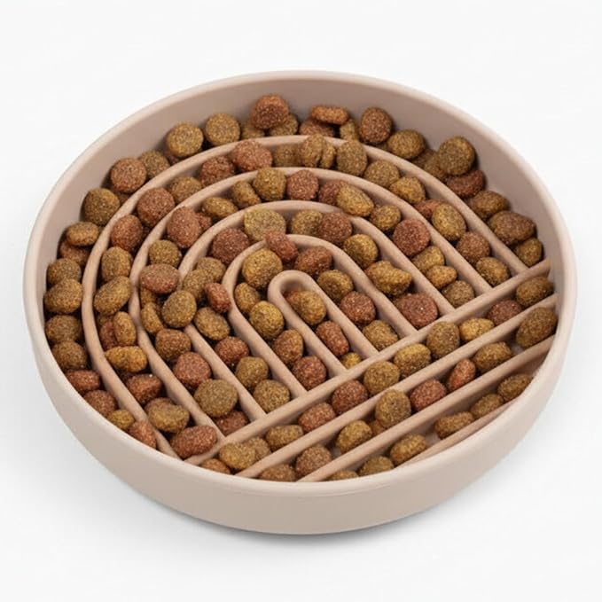 Should We Go? Slow Feeder for Dogs & Cats, The Slowdown Bowl Silicone Slow Eating, Modern Lick Mat Design, Reduces Gulping, Fits 2 Cups, 7.5” Across x 1.5” Tall, Mealtime Challenge, Medium-Sand