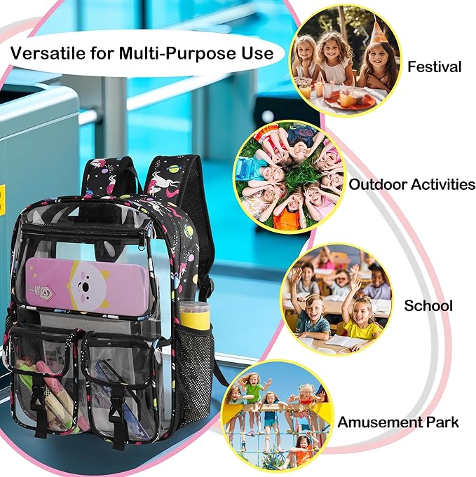 Clear Backpack for Girls, School Kids Heavy Duty See Through Bookbag Unicorn Transparent Backpack with Thicker Strap, Light-Purple