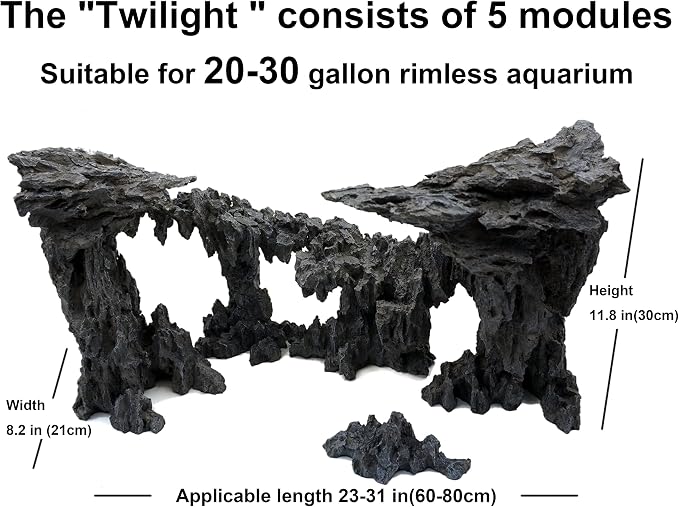 Allcolor Aquarium Rock Decor, 5-Piece Twilight Set for 20-30 Gallon Tanks | Five movable cliff modules create an expansive rimless-style landscape with open swimming space.