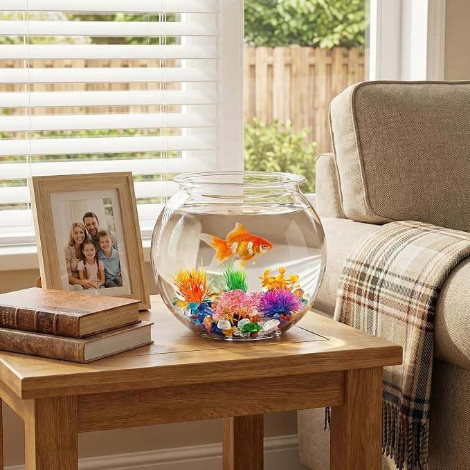 1 Gallon Clear Plastic Fish Bowl Set with 5 Artificial Plants and Stones | Smooth Surfaces Wipe Clean Easily, Rounded Shape Improves Viewing for Simple Home or Desktop Displays
