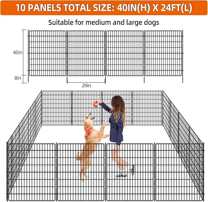 10 Panels No Dig Fence with Gate, 40 in(H) X 24 ft(L) Garden Decorative Fence Animal Barrier for Dogs, Rustproof Metal Garden Edging Border for Outdoor, Yard, Patio, Black