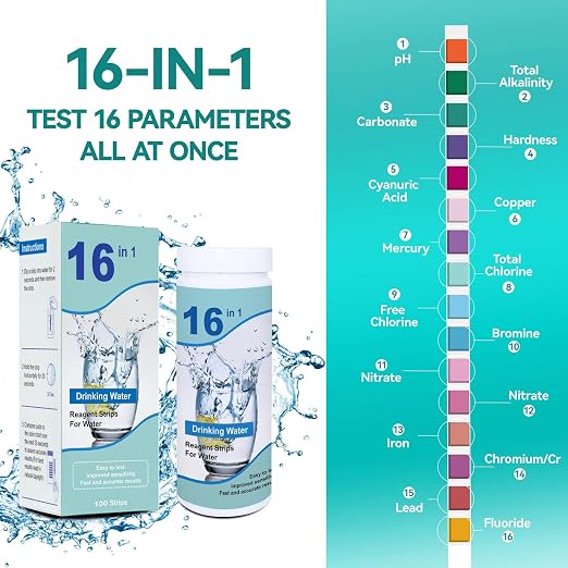 Drinking Water Testing Kits(100 Strips)-16 in 1 Well&Household Tap&Natural Water Quality Test with Hardness,Chlorine,Copper,Iron,Lead,pH,Etc.