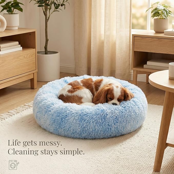 Calming Dog Bed for Medium Dogs Washable Donut 30 inches Anti-Slip Pet Bed,Round Fluffy Plush Faux Fur Cat Bed,Fits up to 45 lbs Pets,Gradient Blue