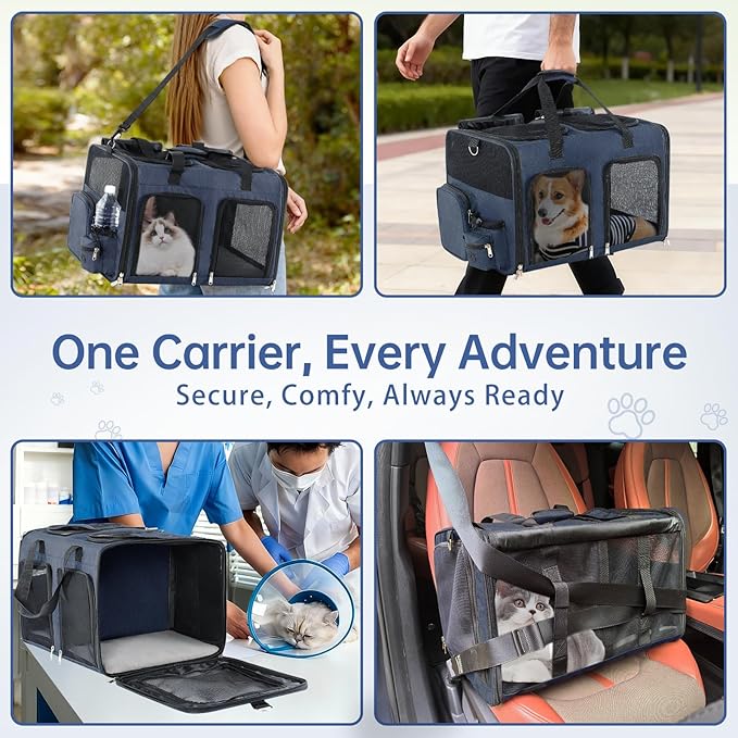 Cat Carrier for 2 Cats - Double Pet Carrier Extra Large, Dual Cabin Multi Cat Travel Carrier with Removable Divider, Collapsible, Can Hold 20 30 40 lbs for Two Small Kitten, Medium Dog Blue