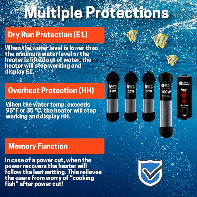 AquaMiracle Upgraded 50W Small Aquarium Heater Fish Tank Heater Turtle Heater Super Mini Aquarium Heater, Dry-Run/Overheating Protection and Memory Function, Dual LED Display, for 5-10 Gal Tanks