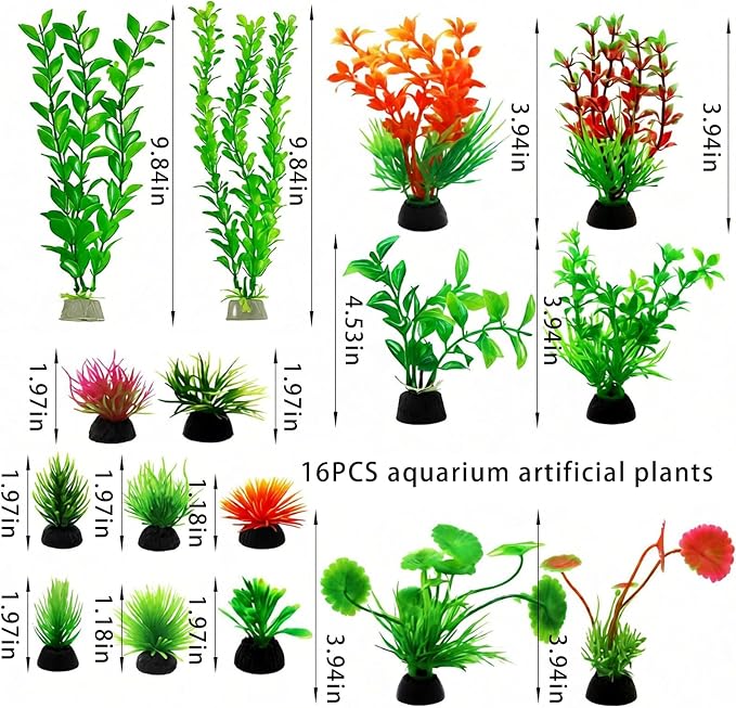 16-Piece Artificial Aquarium Plants Set – Vibrant, Realistic Fish Tank Decorations for Aquariums, Reptile Terrariums, and Aquatic Landscapes