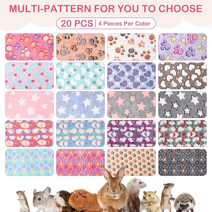 Newwiee 20 Pcs Waterproof Small Pet Fleece Blanket Bulk Washable Small Animal Cage Bedding Guinea Pig Puppy Dog Cat Pee Pad Liner Accessories(Assorted,18 x 13 Inch)