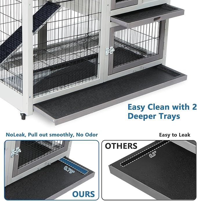 FunXplore 2-Tier Rabbit Cage & Bunny Hutch Indoor Outdoor, 4 Metal Wheels, Chew-Resistant Aluminum-Edged Frames & Ramps, Leak-Proof Trays, Easy Assembly, Spacious for Rabbits & Small Animals