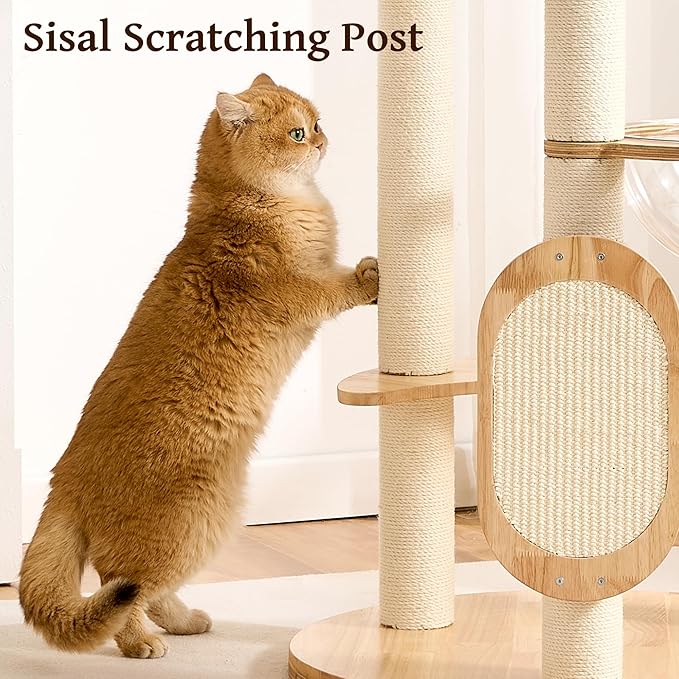 Modern Solid Wood Cat Tree Small Tower with Scratching Post for Indoor, Multifunctional Cat Tree Tower with Bed, Space Capsule, Hammock, Scratching Board, Dangling Ball