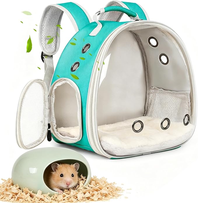 2-Pack Small Animal Backpack Carrier & Ceramic Hamster Hideout for Cooling Summer, Hamster House and Habitat Cool Bed for Other Similar-Size Small Pet Gerbil Rat Chinchilla