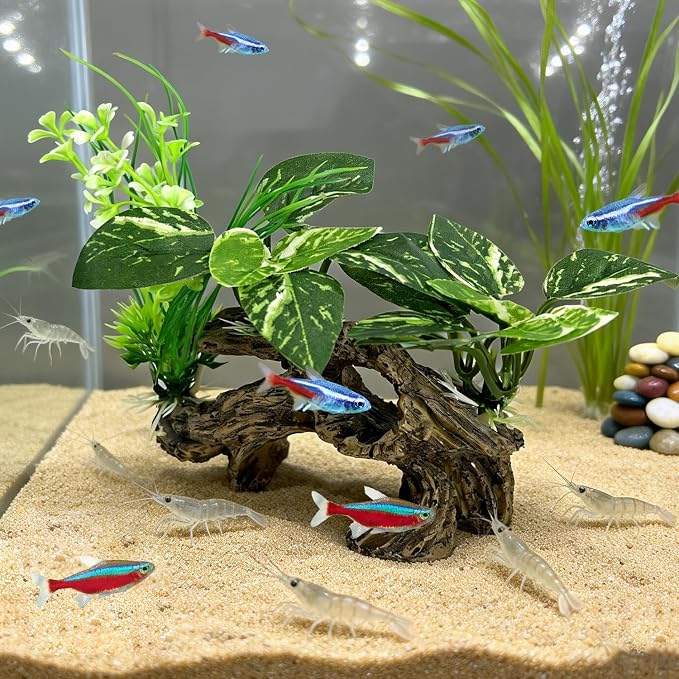 Fish Tank Decor, Artificial Driftwood Cave with Silk Aquarium Plants | Realistic Hideout Ornament for Betta, Small Fish – Aquascaping Accessory with Natural Look, Safe for Freshwater Tanks