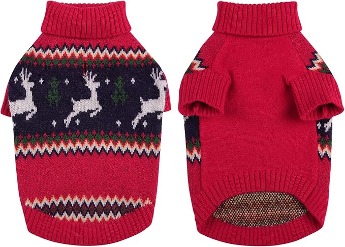 Queenmore Christmas Sweater, Knitted Pullover Turtleneck Outfit for Dogs, Warm Clothes for Small Boys or Girls XS